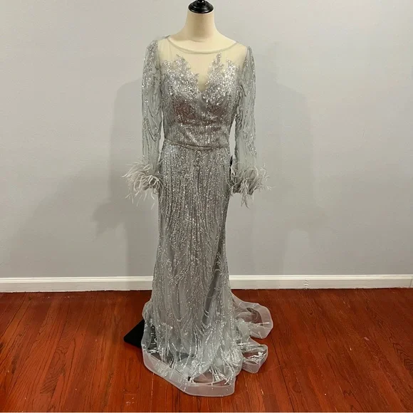 CINDERELLA DIVINE Fitted Long Glitter Evening Dress With Feathers Sleeves - Picture 7 of 16